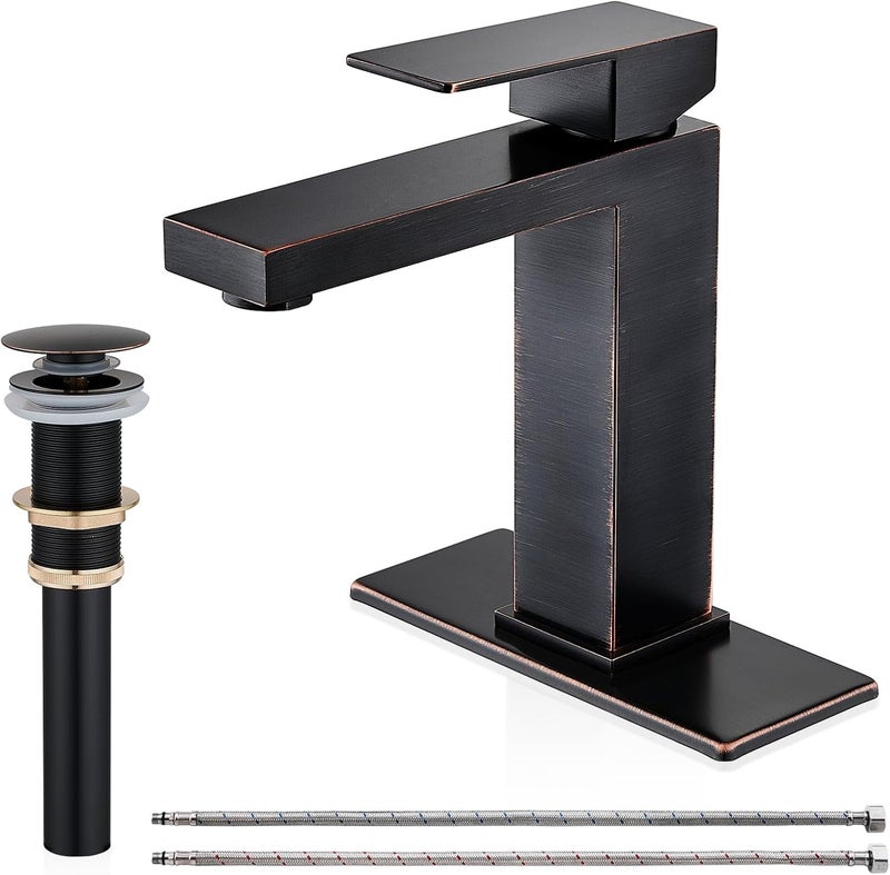 AVSIILE Oil Rubbed Bronze Bathroom Faucet, Single Hole Vanity Bath Faucet, Single Handle Modern Stainless Steel Bathroom Faucets for Sink 1 Hole with Pop Up Drain Stopper & Water Supply Hoses - Image 1